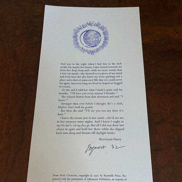 Reynolds Price Blue Calhoun 1992 signed broadside Kepler's Books